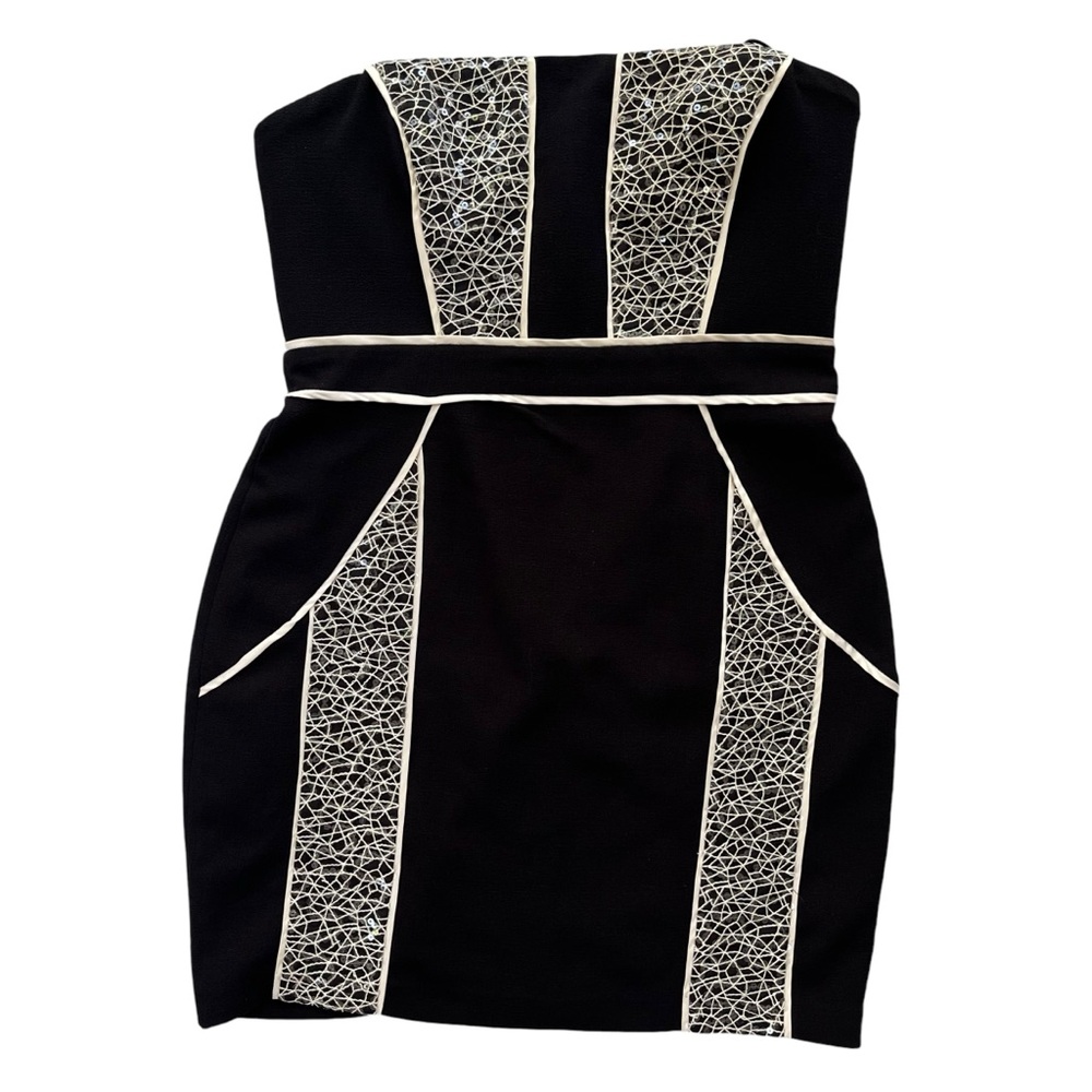 Max & Cleo Women’s Size 10 Black Cream Sequins Hailey Woven Strapless Mini Dress